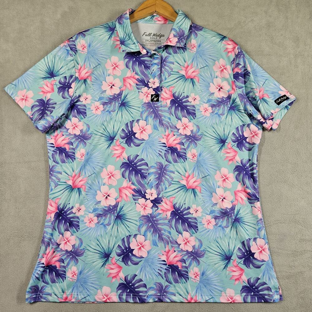 Full Wedge Golf Polo Womens 2XL Tropical Bloomer Shirt Blue Pink Floral